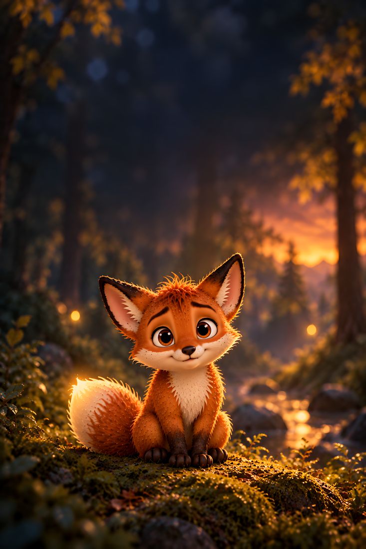 Fjumi, ein kleines fuchsähnliches Wesen mit orangefarbenem Fell und großen Ohren, sitzt im Zauberwald.